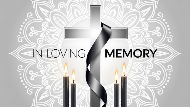 In loving memory memorial background with cross candles and floral pattern