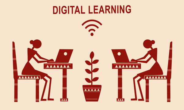 Women doing digital learning using laptops. Indian tribal art Warli style illustration. modern e-learning, connectivity and knowledge sharing. 