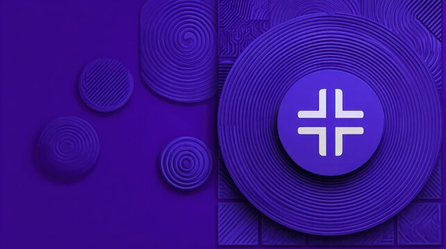 Three dimensional abstract background featuring concentric circles and a geometric symbol on a deep violet surface