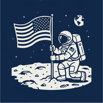 Astronaut Planting Flag on Moon Surface with Earth in Background.
