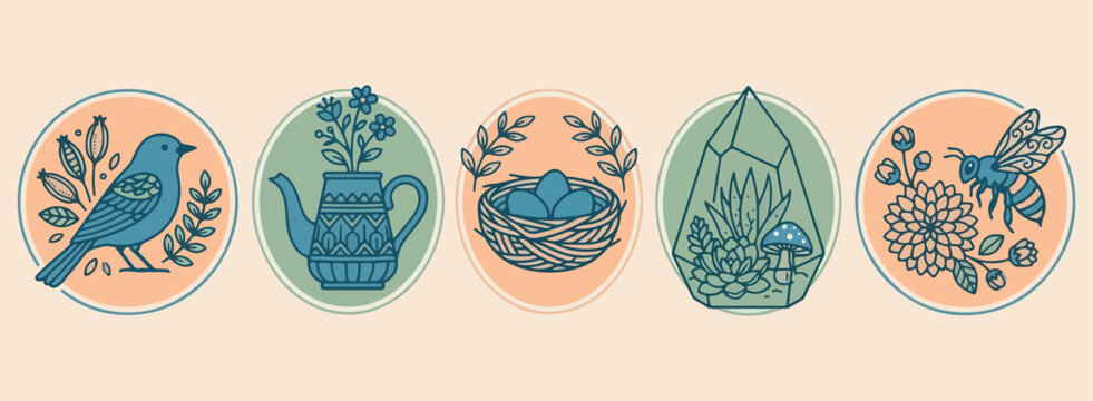 Nature bird nest medallions, Botanical garden circles, Spring egg illustration, Flower and leaf icons, Woodland wildlife graphics, Organic garden doodles, Floral emblem collection


