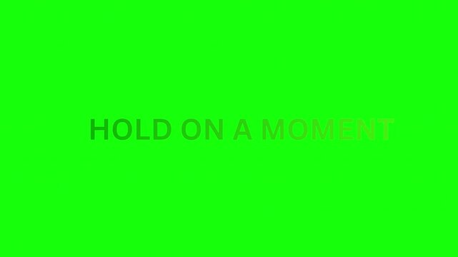 Hold on a moment text overlay on green screen, minimalist typography for video editing, chroma key message for technical delays and loading screens