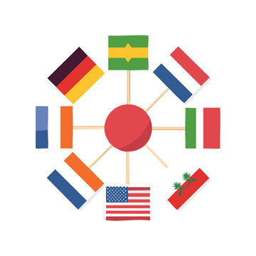 A circular arrangement of national flags connected to a central red circle, symbolizing global connections and international relations.