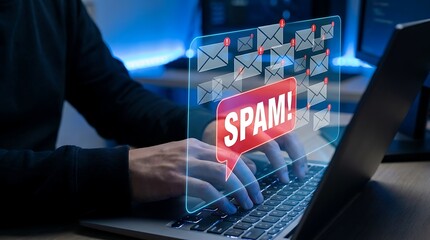 Fototapeta premium Man typing on laptop with spam email concept