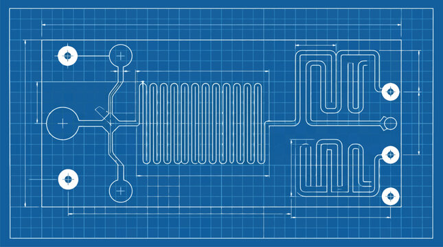 Electronic circuit board blueprint detailed with traces.