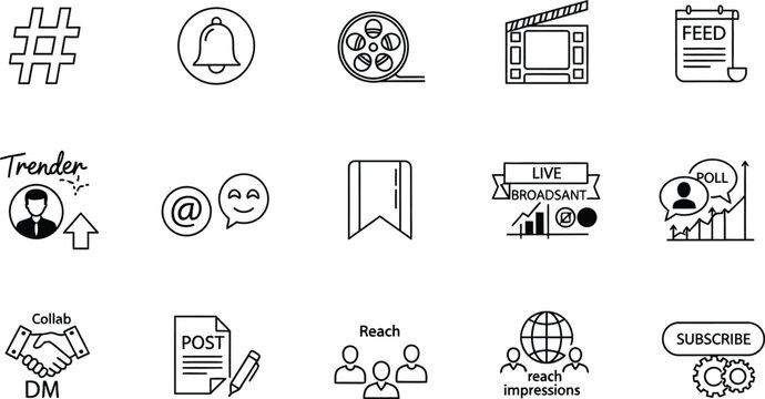 Professional black line icon set for social networking strategy featuring digital media interaction audience growth platform engagement content sharing and networking symbols