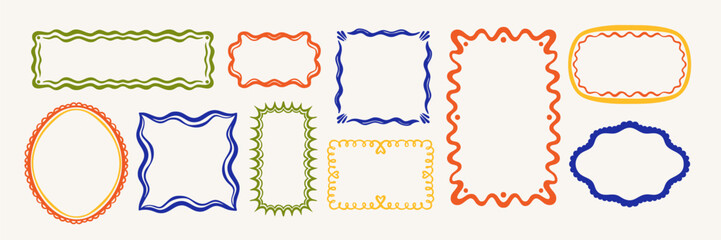 Fototapeta premium Hand drawn decorative frame set with tropical organic wavy borders. Colorful doodle square blank kit simple design. Vector illustration.