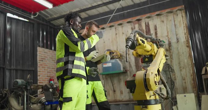 Supervisor Coaches Technician on Robotic Arm Maintenance with Technical Guidance