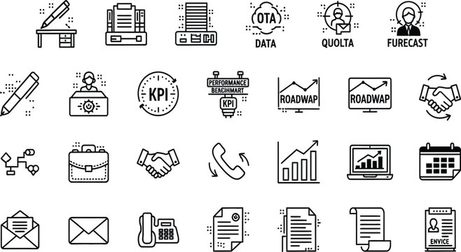 Professional black line icon set for corporate operations featuring performance benchmarking strategic roadmap data quota forecasting business communication and executive workflow symbols