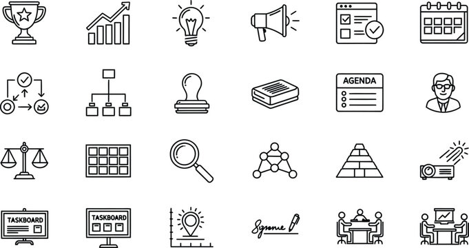 Professional black line icon set for business management featuring legal documentation executive leadership meeting boardroom strategy taskboard planning and career achievement symbols