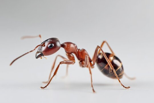Detailed macro photograph of an ant&acirc;&euro;&trade;s head, thorax, and abdomen on a neutral backdrop