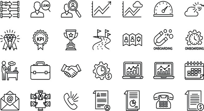 Professional black line icon set for business leadership featuring recruitment onboarding trophy achievement strategic growth charts and corporate performance benchmarking symbols