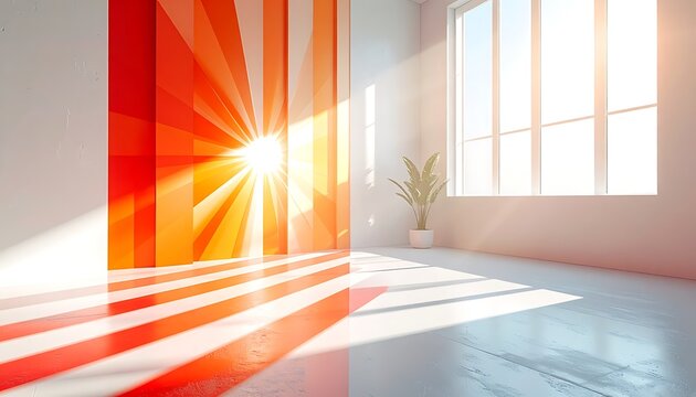 Bright abstract sunburst pattern with warm orange stripes and light rays casting geometric shadows in a modern interior, energetic and optimistic mood
