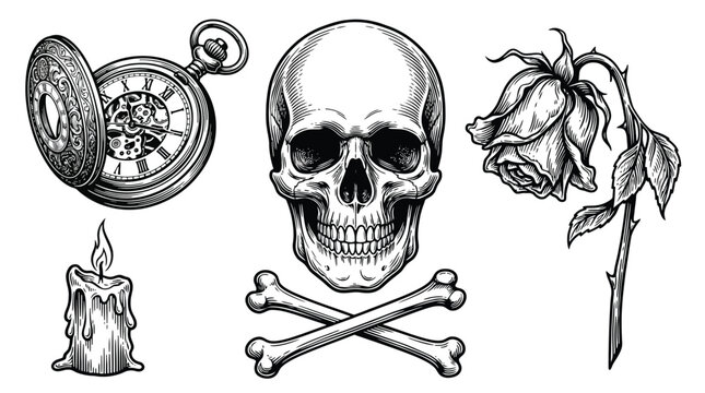 Skull and Crossbones Skeleton with Bone Symbols.