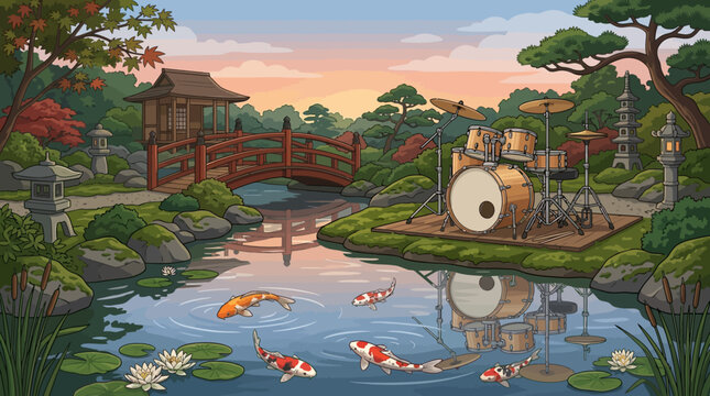 Drum set on a pond with koi fish and Japanese garden