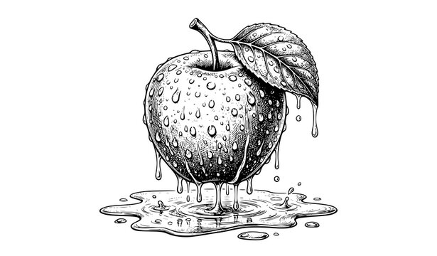 Detailed apple with water droplets and dripping juice monochrome ink vector illustration