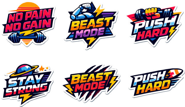 Motivational fitness stickers promoting workout and dedication concepts