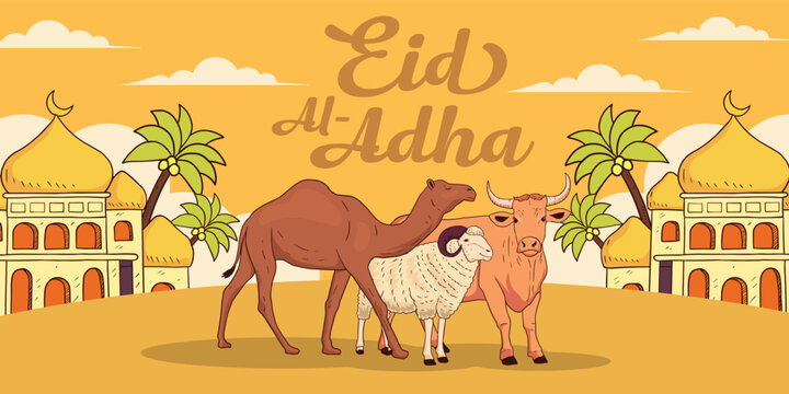 happy eid al adha banner illustration in hand drawn style