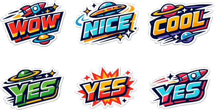 Space speech bubbles stickers with comic planets and rockets