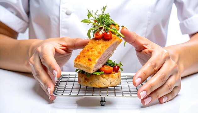 Chef presenting gourmet appetizer with breaded chicken, fresh greens and cherry tomatoes on cooling rack, fine dining presentation