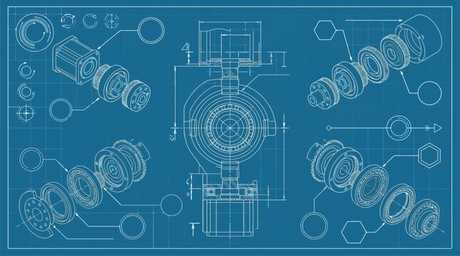 Central Gearbox Blueprint with Gears and Shafts.