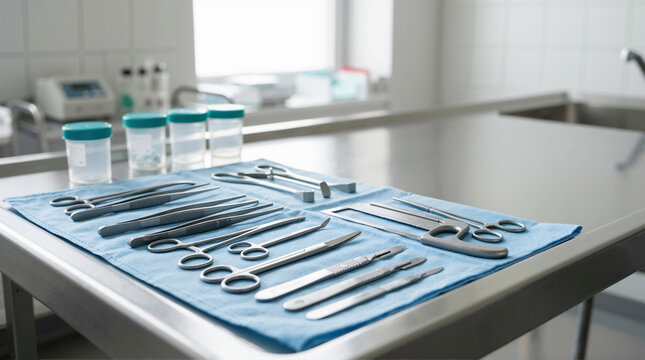 Autopsy instruments on a sterile blue cloth. Surgical tools for pathology and forensic examination in a morgue. Medical equipment on a metal table