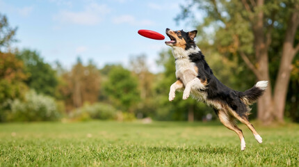 Border Collie jumping to catch a red flying disc in a park. Active dog playing on green grass. Canine agility and outdoor exercise concept © OlgaNeuroArt