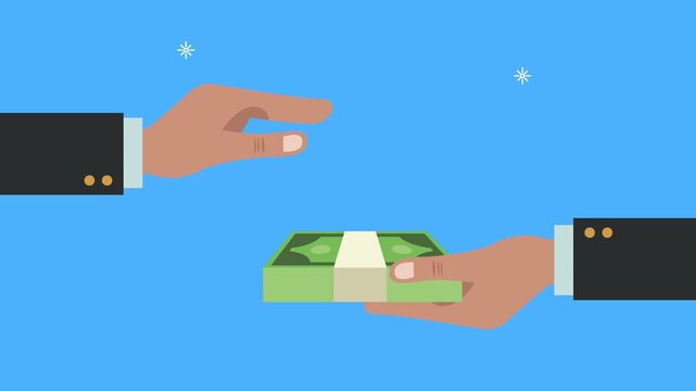 Business hands giving stack of money animation on blue background representing payment transaction or bribe.