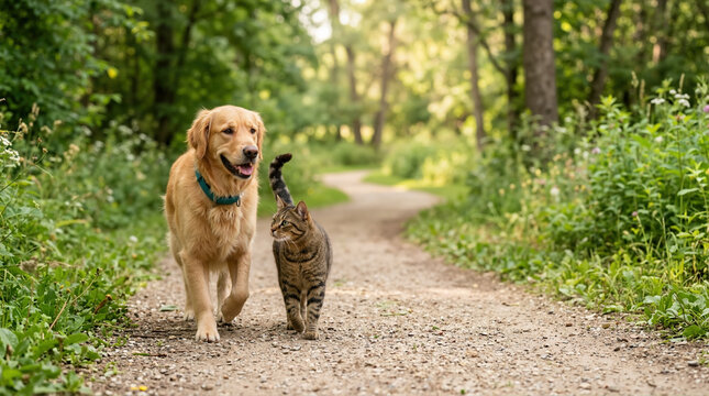 Golden retriever dog and tabby cat walking together on a forest path. Domestic pets side by side in nature. Animal friendship and companionship concept