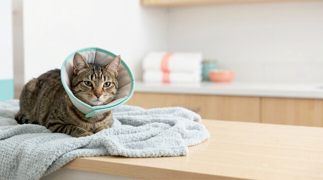 Tabby cat wearing a soft recovery collar after surgery. Pet in a protective cone sitting on a blanket. Veterinary care and animal recovery concept