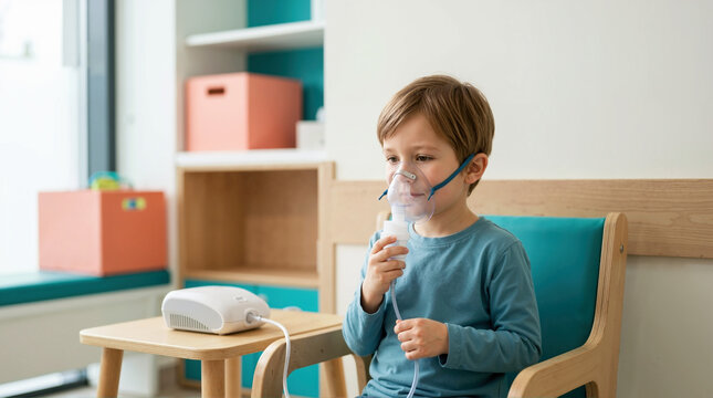 Young boy using a nebulizer mask for respiratory treatment in a clinic. Child with asthma breathing through medical inhaler machine. Pediatric healthcare concept
