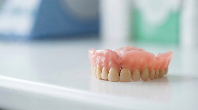 Close-up of cracked dentures on a white surface. Broken dental prosthetic needing repair. Geriatric dentistry and oral health care concept