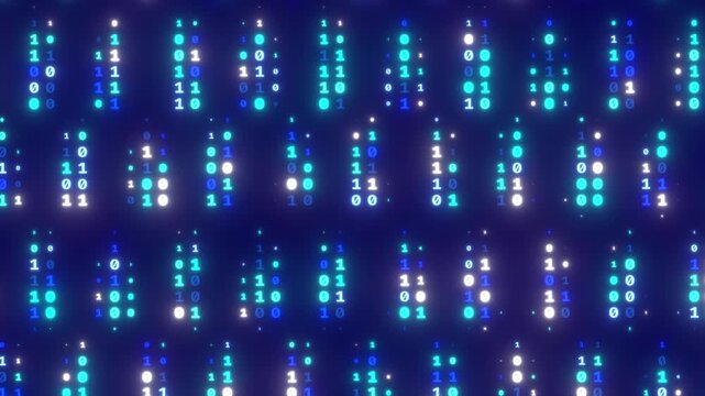 Glowing futuristic binary code data stream with descending blue and white zeros and ones on dark background for technology concepts, 4k video