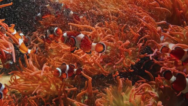 Footage of tropical fish and marine life swimming among a vibrant coral reef in a large aquarium tank.