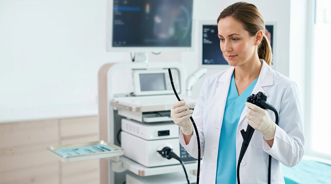 Female doctor holding an endoscope in a modern hospital room. Gastroenterologist preparing for a medical procedure. Endoscopy equipment in a clinic