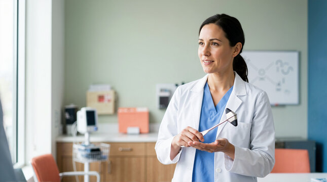 Professional female doctor holding a reflex hammer in a bright clinic. Neurologist preparing for a physical examination. Healthcare and diagnostic concept