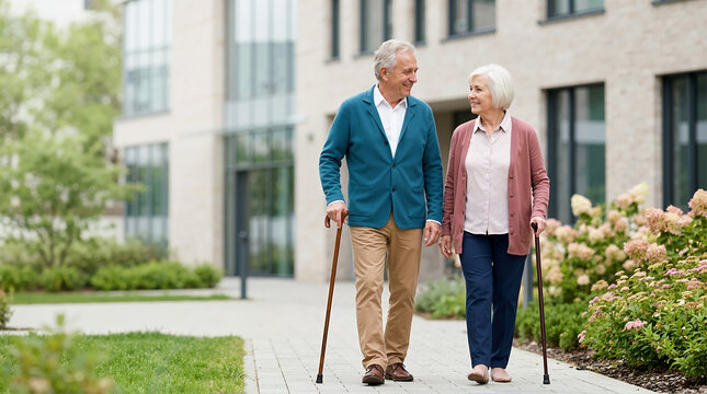 Elderly couple walking with canes outside a healthcare facility. Senior man and woman using walking sticks for mobility support. Aging and geriatric healthcare concept