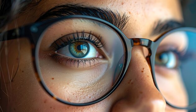 Close-up macro view of a human eye through eyeglasses, with subtle glitter accents, showcasing iris detail, blue and green hues, contemplation, and sharp focus