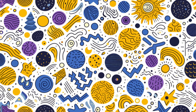 colorful abstract whimsical zigzag lines twist shapes dots seamless vector pattern background