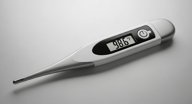 Digital Thermometer Showing 98.6 Fahrenheit on Grey Background