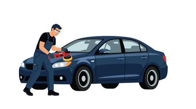A male technician in protective gear uses a professional power buffer to polish the exterior of a dark blue sedan car.