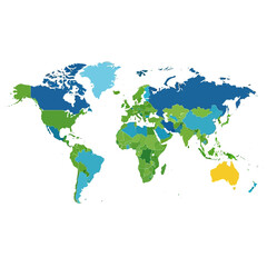 Fototapeta premium Colorful World Map: Continents and Countries Illustrated with Blue, Green, and Yellow Tones