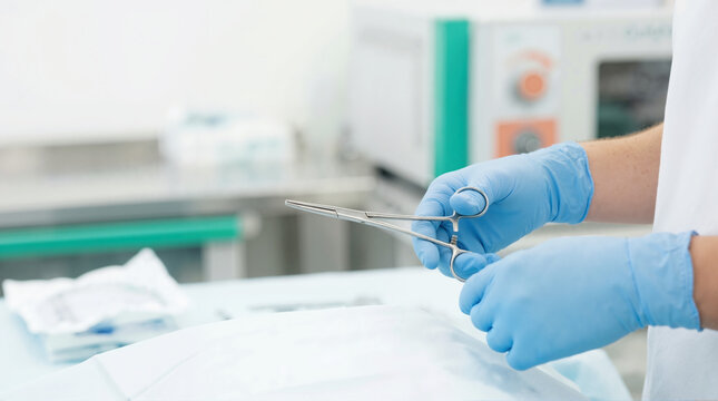 Gloved hands holding surgical forceps in a sterile environment. Medical professional preparing for surgery. Close up of stainless steel medical instrument