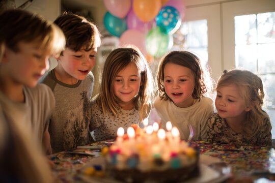 Kids gathered around a birthday cake with lit candles in a cozy home setting