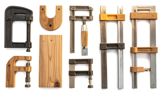 Assortment of various woodworking clamps and lumber pieces arranged like letters spelling 'CLAMP' on a white background