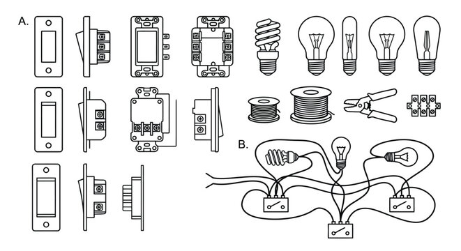 Electrical components and light bulbs line drawing set