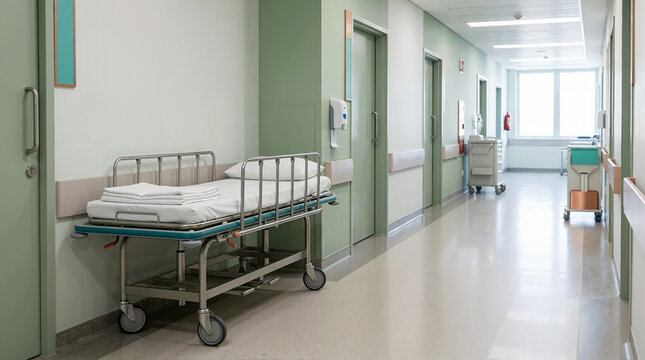 Empty hospital corridor with a gurney parked against the wall. Medical facility hallway and emergency transport. Clinic interior background