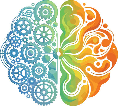 Creative human brain illustration combining mechanical gears and organic shapes symbolizing logic, imagination, and cognitive balance
