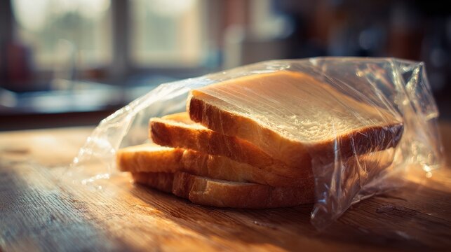 Close-up of packaged sandwich bread sealed in a plastic bag with warm kitchen lighting
