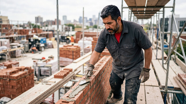 Male bricklayer smoothing mortar with trowel on brick wall. Construction worker building wall on site with city skyline. Masonry and industrial labor concept